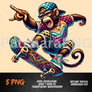 Małpa łyżwiarz PNG | Kolorowy clipart małpy na deskorolce | Projekt sublimacji zwierząt sportów ekstremalnych | Plik miejskiej dżungli