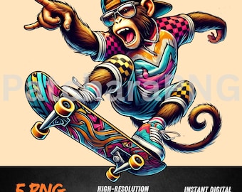 Skater Monkey PNG | Colorful Monkey Clipart on Skateboard