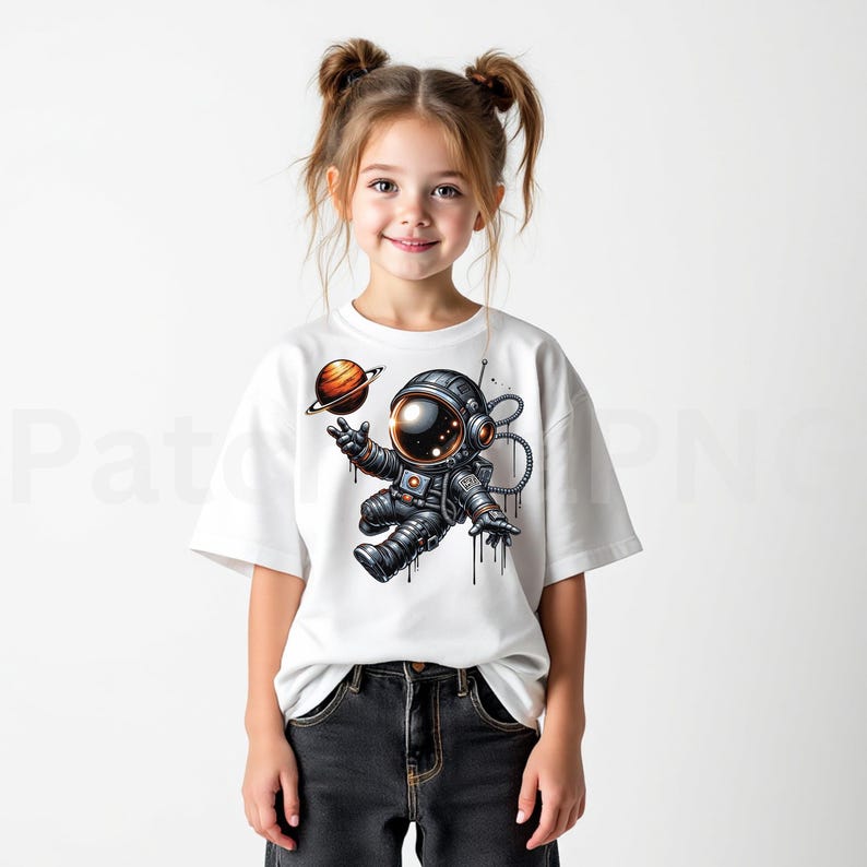May include: White t-shirt featuring a cartoon astronaut in a spacesuit, holding a planet with rings. The astronaut is in a floating pose. The design is in shades of gray, black, orange, and brown.