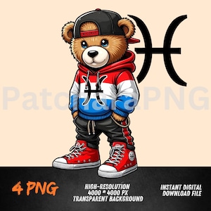 Pisces Zodiac Hip-Hop Teddy Bear Clipart | Cool Cartoon Bear with Graffiti Style & Hoodie | Digital Download PNG for T-Shirts, Sublimation