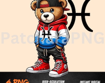 Pisces Zodiac Hip-Hop Teddy Bear Clipart | Cool Cartoon Bear with Graffiti Style & Hoodie | Digital Download PNG for T-Shirts, Sublimation