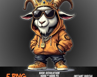 Goat King PNG | Cool Goat Clipart with Crown and Hoodie | Hip Hop Gang Goat Art | Sublimation Urban Hustler PNG