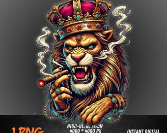 Lion King PNG | Royal Lion Clipart with Crown and Cigar | Gangsta Animal Boss Art | Sublimation Power Beast PNG