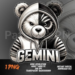 Op de afbeelding: Een zwart-wit illustratie van een beer met een hoodie met het woord "GEMINI". De hoodie is in tweeën gesplitst, de ene kant zwart en de andere wit. De afbeelding bevat ook tekst die aangeeft dat het een digitale download met hoge resolutie is.