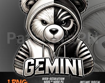 Gemini Bear PNG | Cute Zodiac Bear Clipart in Hoodie | Gemini Horoscope Design | Urban Animal Sign Art | Sublimation PNG