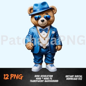 Arte de grafiti de oso de peluche de hip hop PNG - Descarga digital PNG, JPEG - Tema de celebración - Ideal para camisetas y traje azul