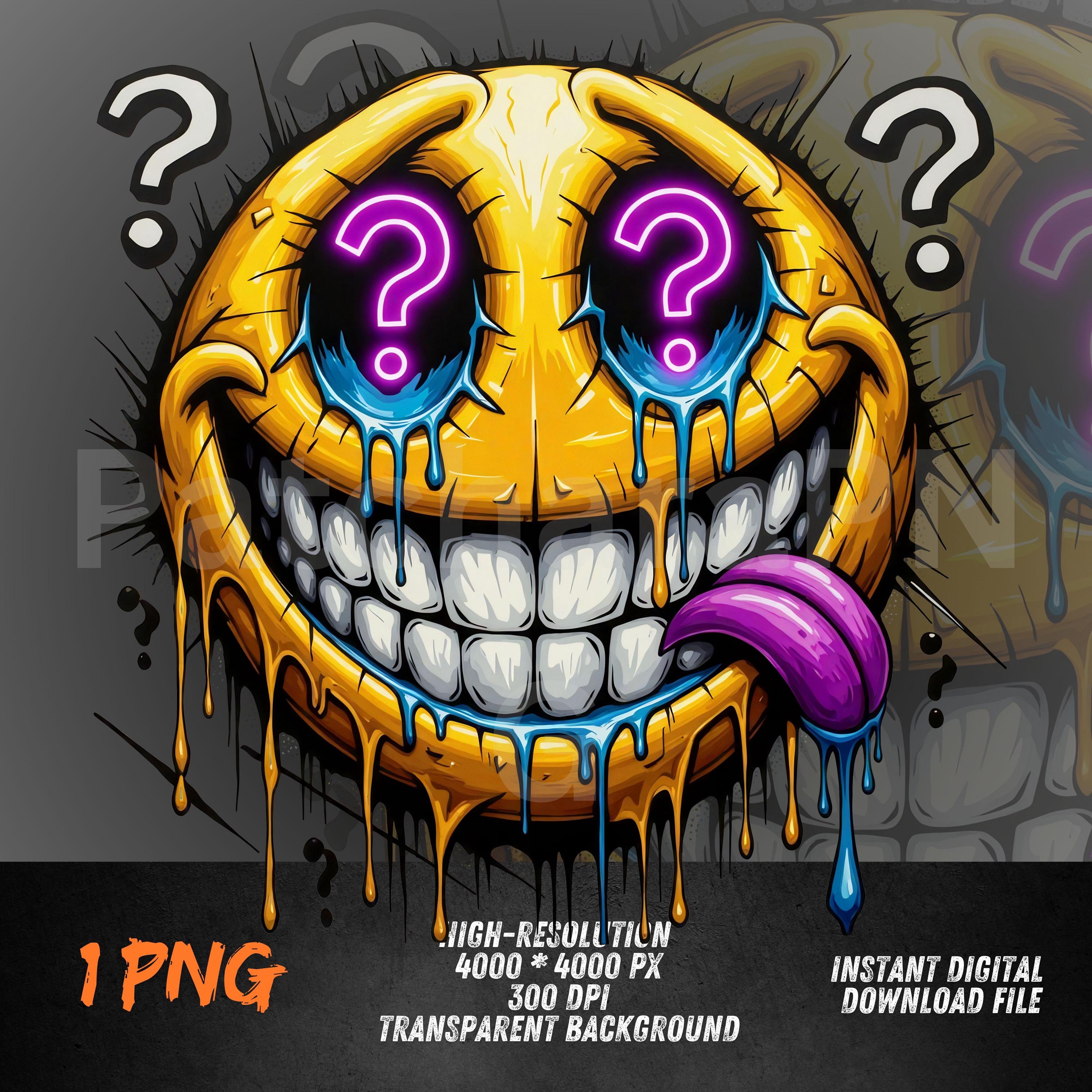 Crazy Smiley PNG With Question Eyes – Graffiti Drip Face Art for