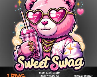 Sweet Swag Bear PNG | Pink Teddy Clipart with Heart Glasses and Drink | Girly Hip Hop Bear Art | Cute Sublimation Design PNG