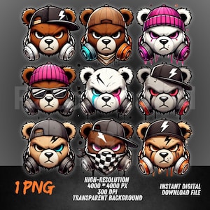 Gangsta Bear PNG Bundle | 9 Cool Teddy Face Clipart | Urban Street Style Bear Set | Hip Hop Teddy Head Art | Sublimation PNG Pack