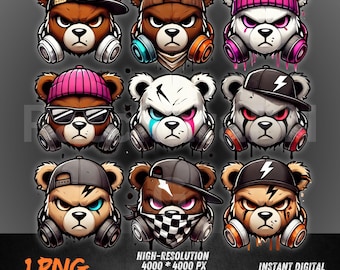 May include: Nine stylized bear head illustrations with various accessories, including hats, headphones, and bandanas. The bears have different color schemes and expressions. The image includes text that says "1 PNG", "HIGH-RESOLUTION 4000 * 4000 PX 300 DPI TRANSPARENT BACKGROUND", and "INSTANT DIGITAL DOWNLOAD FILE".