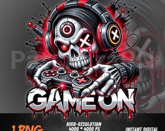Game On Skull Gamer PNG – Red Grunge Graffiti Clipart for Sublimation, DTF, T-Shirt Design