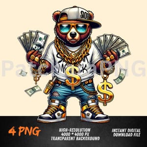 Ours en argent PNG | Teddy avec de l'argent liquide et des chaînes en or | Gangsta Rich Teddy Clipart | Art urbain pour sublimation Swag | Streetwear PNG