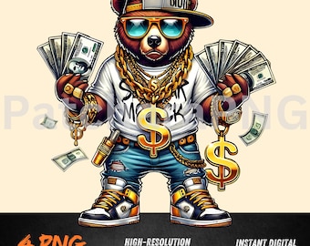 Money Bear PNG | Teddy Holding Cash and Gold Chains | Gangsta Rich Teddy Clipart | Urban Swag Sublimation Art | Streetwear PNG