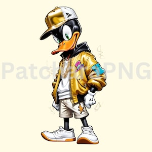 Pode incluir: Um pato de desenho animado vestindo uma jaqueta bomber dourada, shorts brancos e um bon&eacute; de beisebol dourado e branco com a palavra "Dope" nele. O pato est&aacute; usando um colar de corrente de ouro e tem um remendo branco e azul em sua jaqueta.