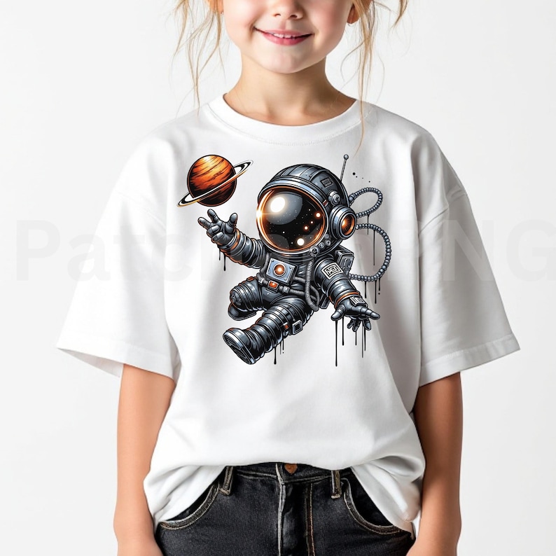 May include: White t-shirt featuring a cartoon astronaut in a spacesuit, with a planet in the background. The astronaut is in a floating pose, with black drips coming from the suit. The astronaut is wearing a helmet with a bright orange visor.