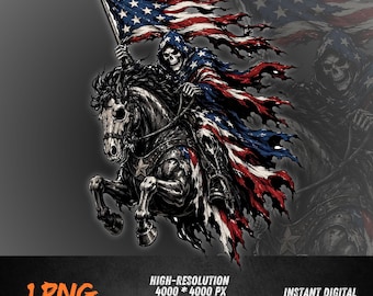 Death Rides Free PNG, Patriotic Horseman Graphic, American Outlaw Streetwear Design, Dark USA Rider Shirt Art