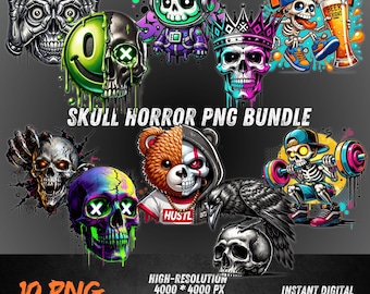 Skull Horror PNG Bundle 10 | Dark Skeleton Clipart for Sublimation, DTF, Gothic Streetwear Design