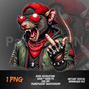 May include: Digital illustration of a rat wearing a red cap, sunglasses, and a bandana. The rat is giving the middle finger and wearing a green jacket and studded gloves. The image includes text that says "1 PNG" and "HIGH-RESOLUTION 4000 * 4000 PX 300 DPI TRANSPARENT BACKGROUND INSTANT DIGITAL DOWNLOAD FILE".