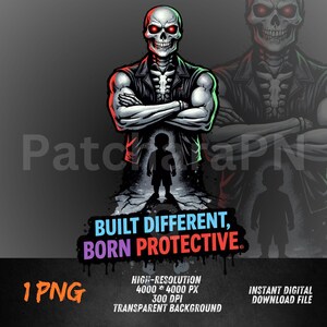 May include: Digital illustration of a skeleton figure with red eyes, wearing a black jacket, arms crossed. A child silhouette stands in front of the skeleton. Text reads "BUILT DIFFERENT, BORN PROTECTIVE."
