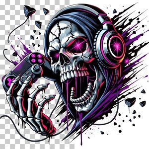 Peut inclure: Illustration d'un cr&acirc;ne portant un casque et une capuche, tenant une manette de jeu vid&eacute;o. Le cr&acirc;ne a des yeux roses brillants et des accents violets. L'arri&egrave;re-plan pr&eacute;sente des &eacute;claboussures de peinture noires et violettes et des formes g&eacute;om&eacute;triques.