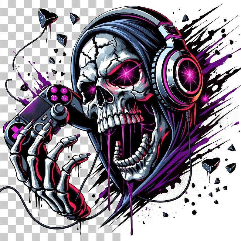 Peut inclure: Illustration d'un cr&acirc;ne portant un casque et une capuche, tenant une manette de jeu vid&eacute;o. Le cr&acirc;ne a des yeux roses brillants et des accents violets. L'arri&egrave;re-plan pr&eacute;sente des &eacute;claboussures de peinture noires et violettes et des formes g&eacute;om&eacute;triques.