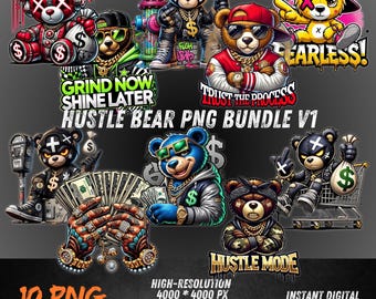 Hustle Bear PNG Bundle V1 / Clipart di gangster streetwear per DTF, sublimazione, magliette POD, arte della mentalità monetaria