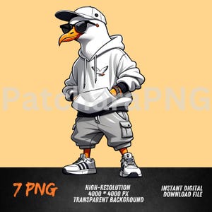 ヒップホップ カモメ PNG | クールな漫画の鳥のグラフィック | アーバン ストリートウェア デザイン | T シャツや装飾用のデジタル ダウンロード