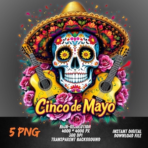 Cinco de Mayo PNG | Colorful Sugar Skull Clipart with Guitars and Roses | Mexican Holiday Sublimation Art | Fiesta Digital File