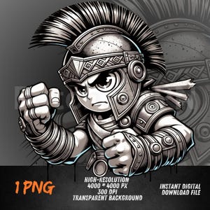 Puede incluir: Ilustración en blanco y negro de un gladiador de dibujos animados con casco y armadura, con los puños apretados. La imagen incluye el texto "ALTA RESOLUCIÓN 4000 * 4000 PX 300 DPI FONDO TRANSPARENTE" y "DESCARGA DIGITAL INSTANTÁNEA".