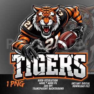 Mascote do Futebol Americano Tiger PNG | Design de Camisa Esportiva Fierce DTF | Clipart de Sublimação para Roupas do Time TIGERS