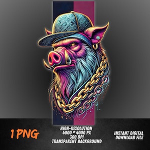 Cerdo genial PNG / Clipart de cerdo hip hop con sombrero y cadena / Diseño de sublimación de animales de estilo callejero / Descarga digital