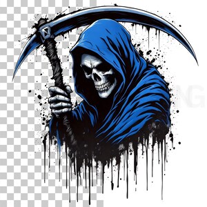 May include: Illustration of the Grim Reaper in a blue hooded cloak, holding a scythe. The skull is white, and the cloak is a vibrant blue. Black ink splatters and drips add a dramatic effect, creating a dark and edgy design.