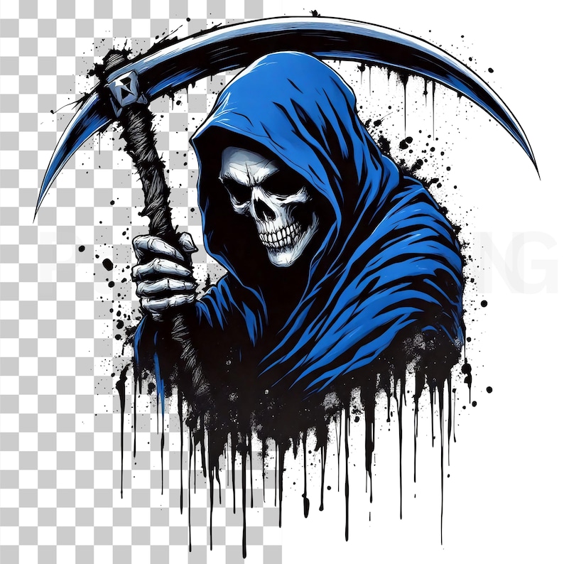 May include: Illustration of the Grim Reaper in a blue hooded cloak, holding a scythe. The skull is white, and the cloak is a vibrant blue. Black ink splatters and drips add a dramatic effect, creating a dark and edgy design.