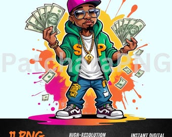 Hip-Hop Money Man PNG with Dollar Bills | Gangsta Streetwear Cartoon | DTF, Sublimation, Sticker Clipart