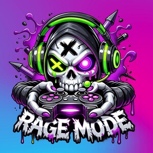 May include: Digital illustration of a skull wearing a black hoodie and headphones with green accents. The skull has a cross for a mouth and eyes with neon green and purple accents. The skull is holding a video game controller with the text "RAGE MODE" below.