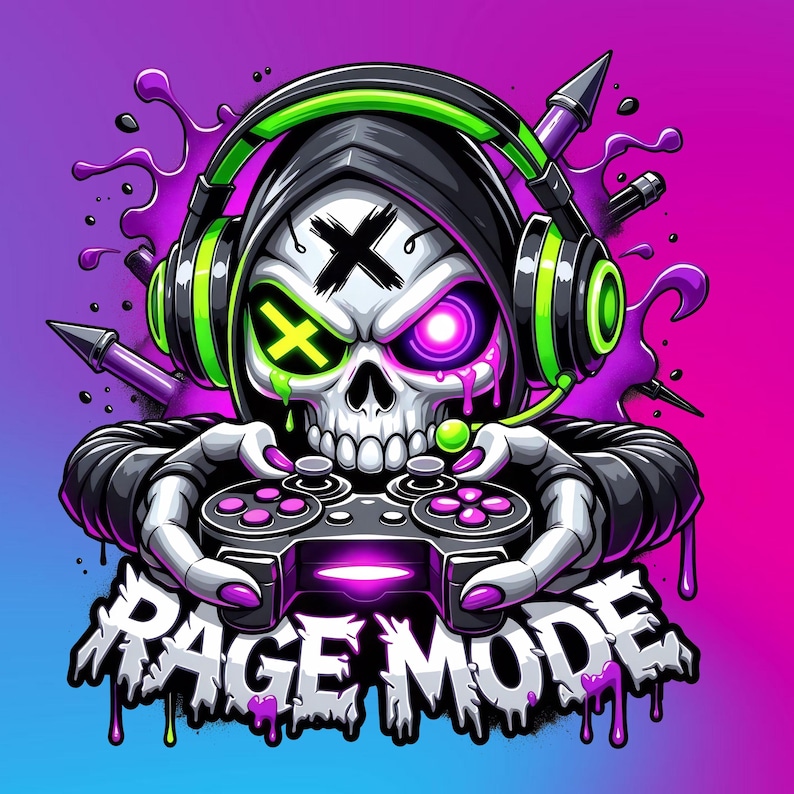 May include: Digital illustration of a skull wearing a black hoodie and headphones with green accents. The skull has a cross for a mouth and eyes with neon green and purple accents. The skull is holding a video game controller with the text "RAGE MODE" below.