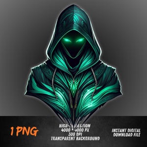 May include: A digital illustration of a hooded figure with glowing green eyes. The figure is wearing a dark green hooded jacket with intricate patterns. The background is transparent.