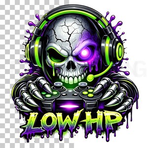 May include: A digital illustration of a skull wearing a headset and holding a game controller. The skull is white with purple and green accents, and the text "LOW HP" is at the bottom. The image has a gaming theme.
