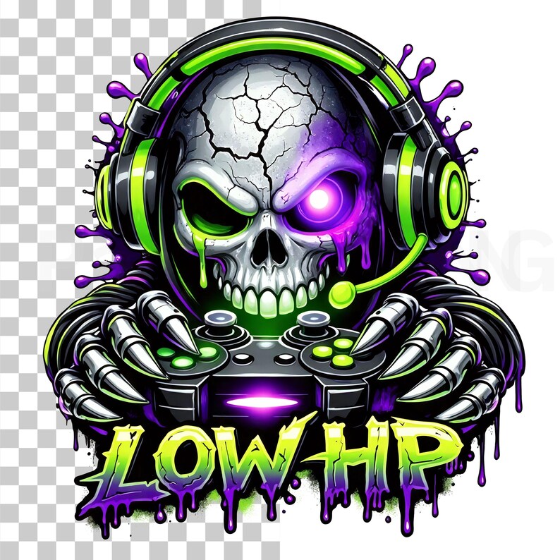 May include: A digital illustration of a skull wearing a headset and holding a game controller. The skull is white with purple and green accents, and the text "LOW HP" is at the bottom. The image has a gaming theme.