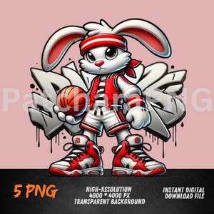 Basketball Bunny Cartoon Clipart Hip Hop Sports Rabbit in Red Jersey ...