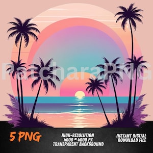 Vibrant Beach Sunset Illustration with Palm Trees and Ocean View wallart Urban , Streetwear Clipart, Graffiti Vector, Instant Download