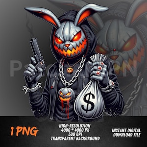 Gangster Bunny PNG, Urban Bösewicht Streetwear Design für DTF & Sublimation, Dark Graffiti Geld Thema Clipart