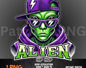 Hip Hop Alien PNG | Cool Green Alien Clipart with Shades and Cap | Urban Street Style Sublimation Design | Digital Download
