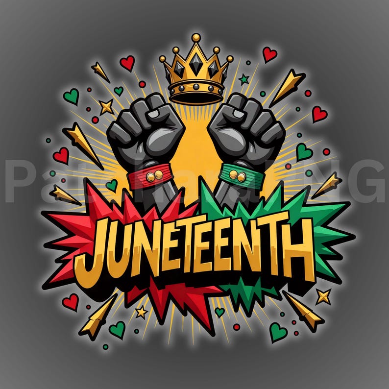 May include: A graphic illustration featuring two raised black fists with red and green wristbands, a gold crown, and the word "Juneteenth" in gold. The design includes red, green, and gold accents, hearts, and stars on a gray background.