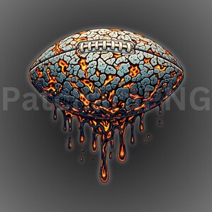 K&ouml;nnte beinhalten: Eine k&uuml;nstlerische Illustration eines American Footballs mit einzigartigem Design. Der Football hat eine rissige, strukturierte Oberfl&auml;che in Grau- und Blaut&ouml;nen mit feurigen orangefarbenen und gelben Akzenten. Geschmolzene Tropfen flie&szlig;en von unten.