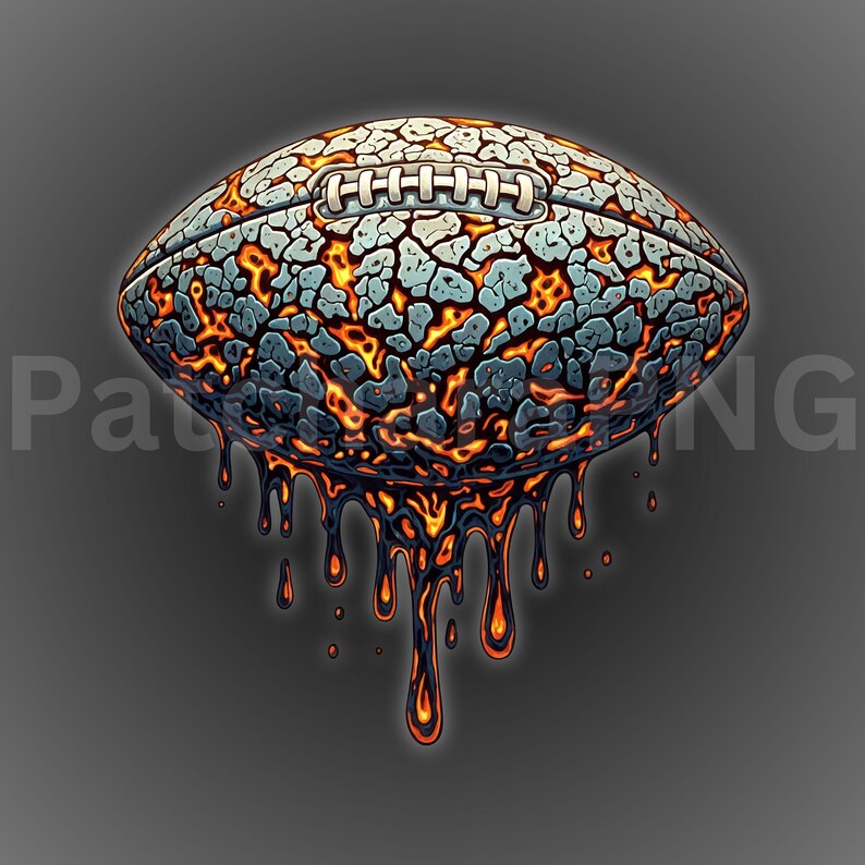 K&ouml;nnte beinhalten: Eine k&uuml;nstlerische Illustration eines American Footballs mit einzigartigem Design. Der Football hat eine rissige, strukturierte Oberfl&auml;che in Grau- und Blaut&ouml;nen mit feurigen orangefarbenen und gelben Akzenten. Geschmolzene Tropfen flie&szlig;en von unten.