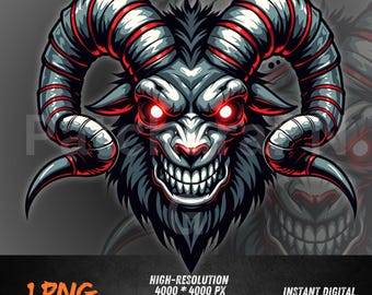 Evil Ram Skull PNG | Demon Goat Horned Clipart | Gothic Tattoo Style Design | Dark Skull Sublimation PNG