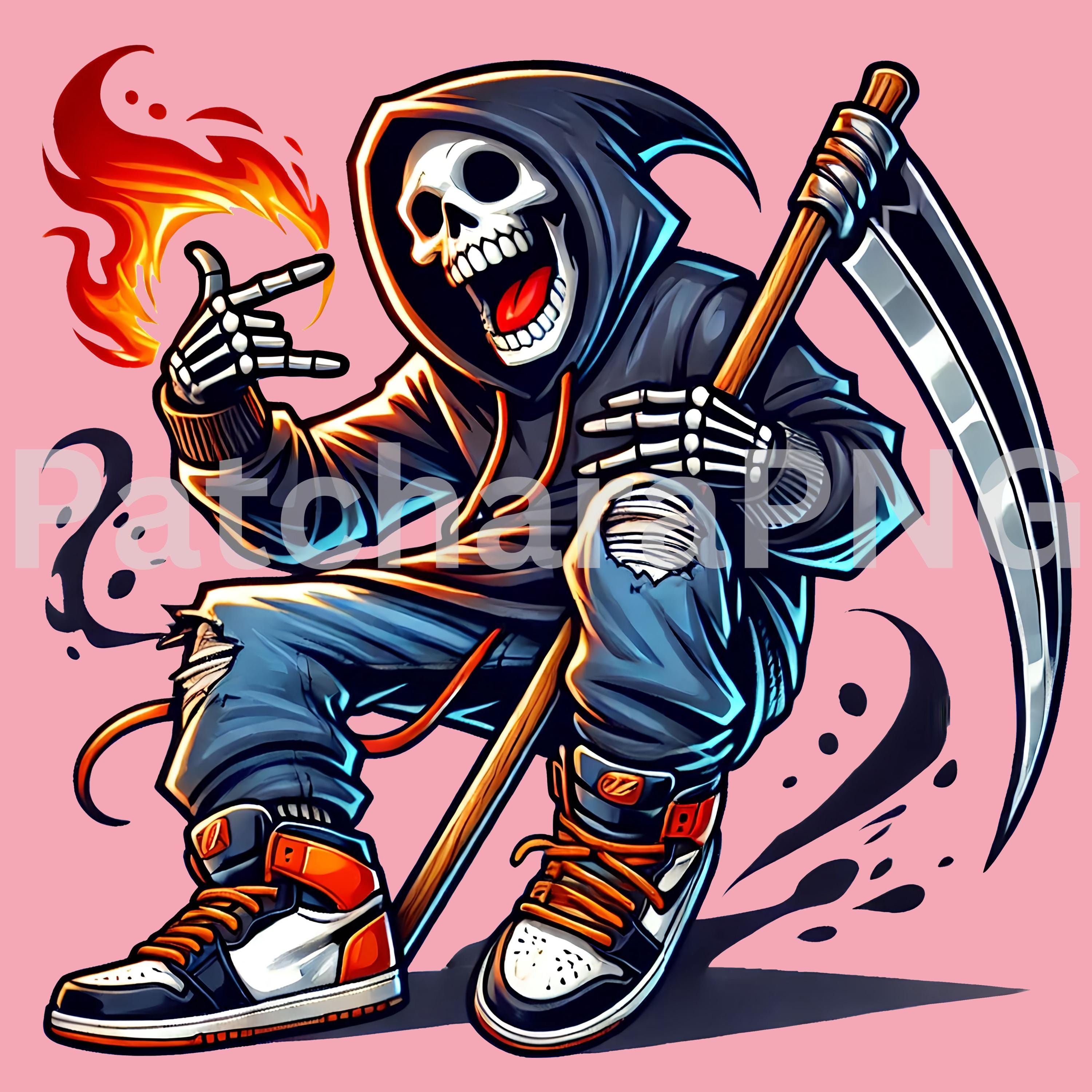 死神PNG | ストリートウェアの死神クリップアート（炎と鎌付き