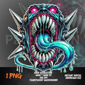 May include: A digital illustration of a monstrous creature's head with a wide-open mouth filled with sharp teeth and a long, blue tongue. The creature has glowing pink eyes and is surrounded by sharp spikes. The image includes the text "1 PNG" and "HIGH-RESOLUTION 4000 * 4000 PX 300 DPI TRANSPARENT BACKGROUND INSTANT DIGITAL DOWNLOAD FILE".