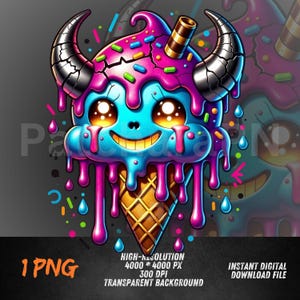 May include: A vibrant digital illustration of a cartoon ice cream cone with a devilish twist. The ice cream features a blue face with a wide grin, large eyes, and dripping pink and blue ice cream. It has metallic horns and a wafer cone. The image includes the text "1 PNG".